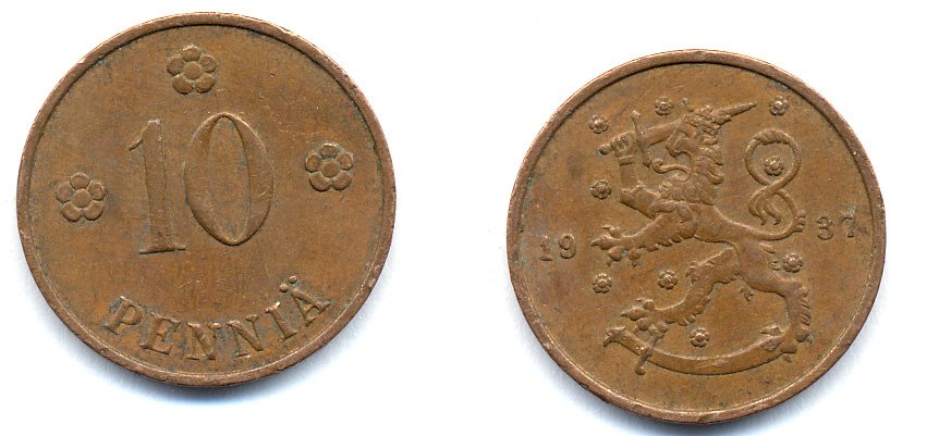 Финляндия 10 пенни 1937 KM 24 медь 51-5625