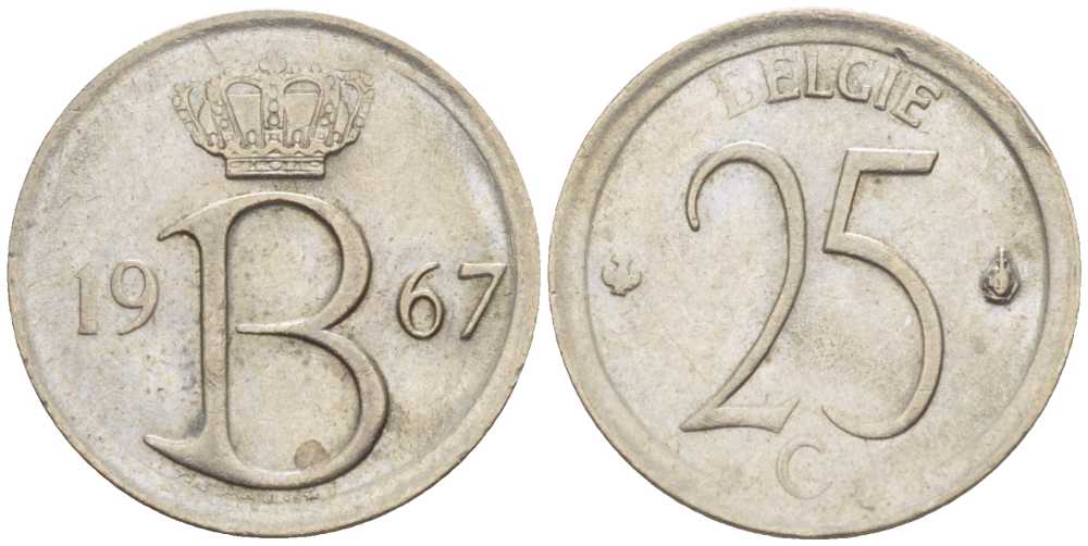Бельгия 25 сантимов 1967 Belgie, Бодуэн I (1951-1993) KM 154.1 медно-никель 201-1253