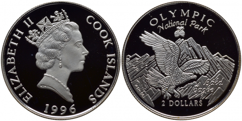 Острова Кука 2 доллара 1996 серия национальные парки, Олимпик, летящий орел KM 280 серебро  PROOF  1084-10-23