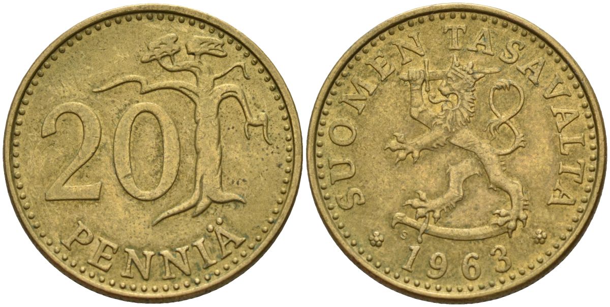 Финляндия 20 пенни 1963 KM 47 алюминиевая бронза 4150-1011