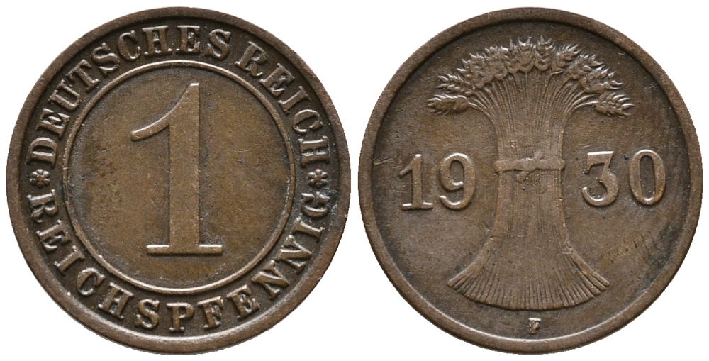 ГЕРМАНИЯ 1 РЕЙХСПФЕННИГ 1930 F KM 37, J. 313 бронза 39-1041