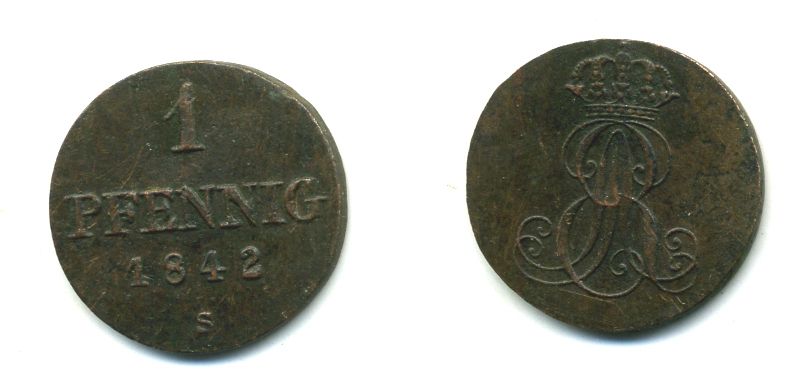 Ганновер 1 пфенниг 1842 S, Эрнст Август (1837-1851) KM 173.3, AKS 128, J. 54 медь 35-128