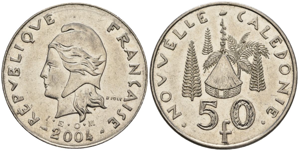 Французская Новая Каледония 50 франков 2004 хижина среди сосен и пальм, (IEOM) KM 13, Schoen 15, Lec 121 никель 4144-542