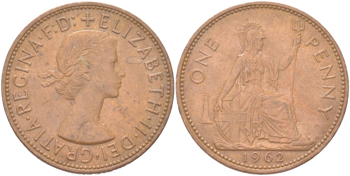 Великобритания 1 пенни 1962 Елизавета II (1952-2022) KM 897, Spink 4157 бронза 4165-932