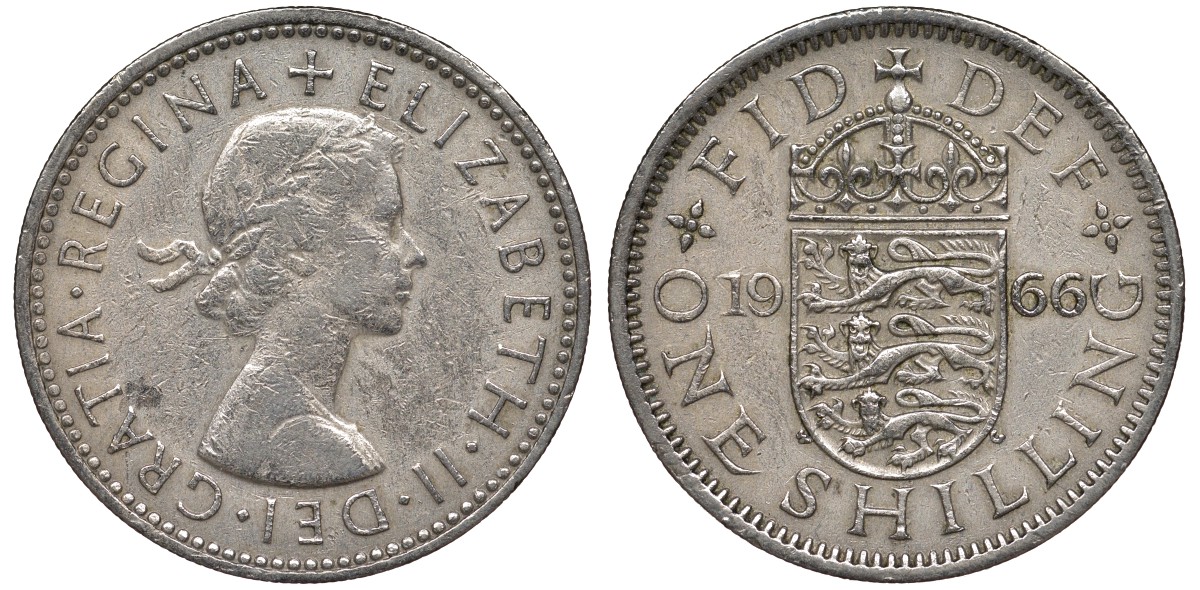 Великобритания 1 шиллинг 1966 Елизавета II (1952-2022), Английский герб KM 904, Spink 4147 медно-никель 4122-1047