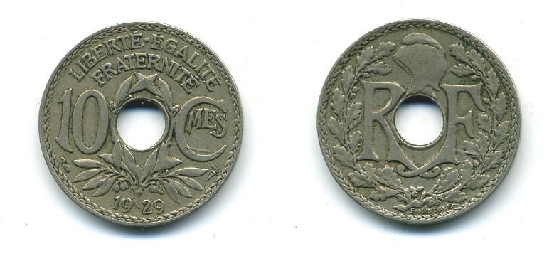 ФРАНЦИЯ 10 САНТИМОВ 1929 ТИП ЛИНДАЙЁ KM 866а медно-никель 84-344