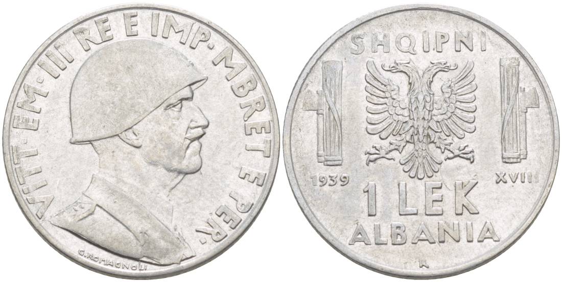 Албания 1 лек 1939 R, год XVIII, Итальянская оккупация, вторая мировая KM 31 нержавеющая сталь 4179-215