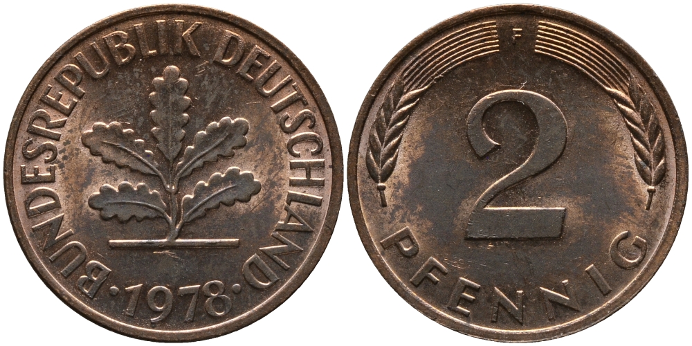 ФРГ 2 пфеннига 1978 F KM 106а, J.381а сталь плакированная медью 99-235