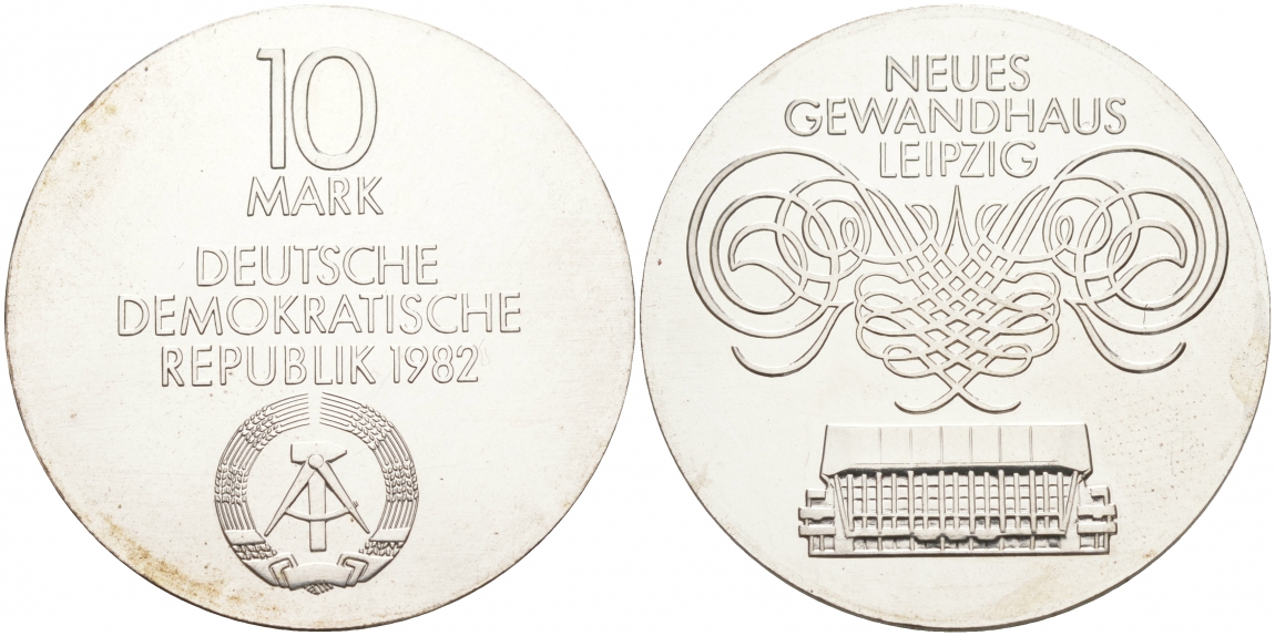 ГДР 10 марок 1982 А, Лейпциг, концертный зал KM 87 серебро UNC 00-000-00