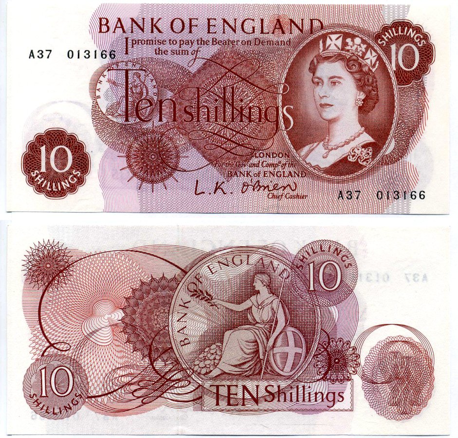 Англия 10 шиллингов 1961 подпись: L. K. O'Brien Pick 373а бумага UNC (пресс) 6285-22-1-2