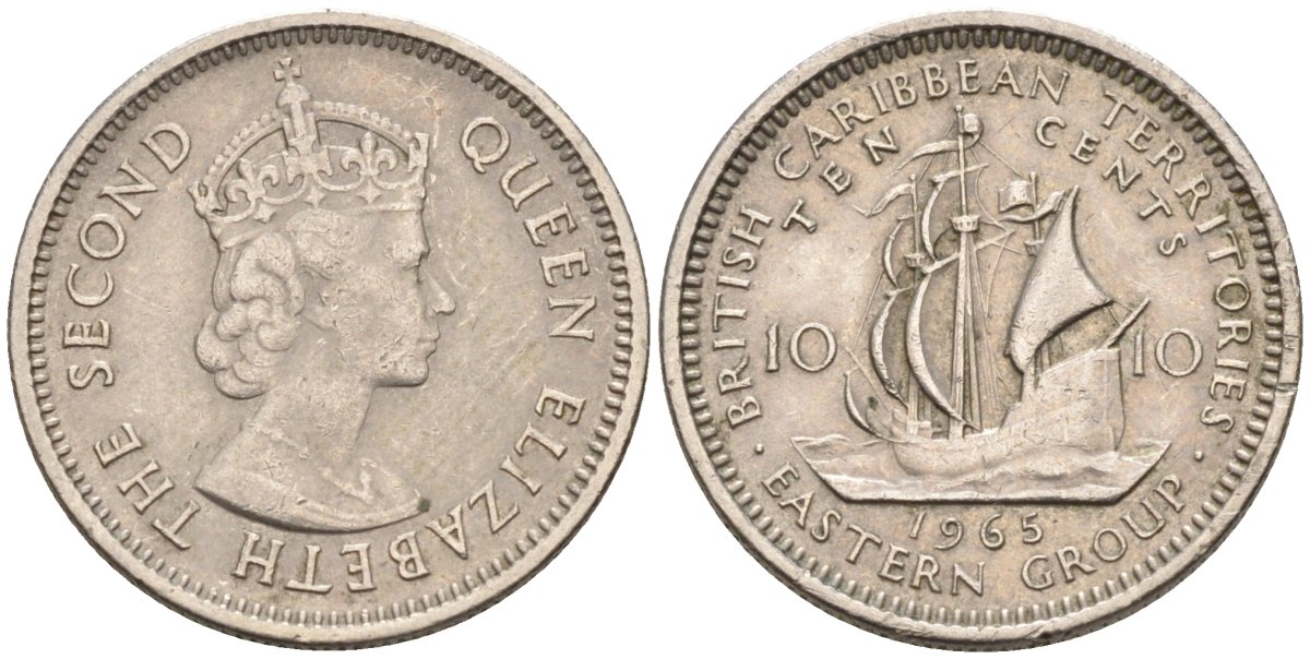 Британские Восточно-Карибские территории 10 центов 1965 Елизавета II (1952-2022), парусник KM 5 медно-никель 4594-342