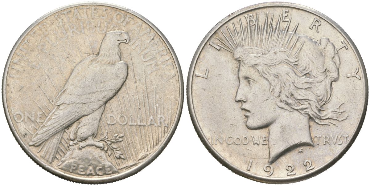 США 1 доллар 1922 D, доллар мира KM 150 серебро 441-914