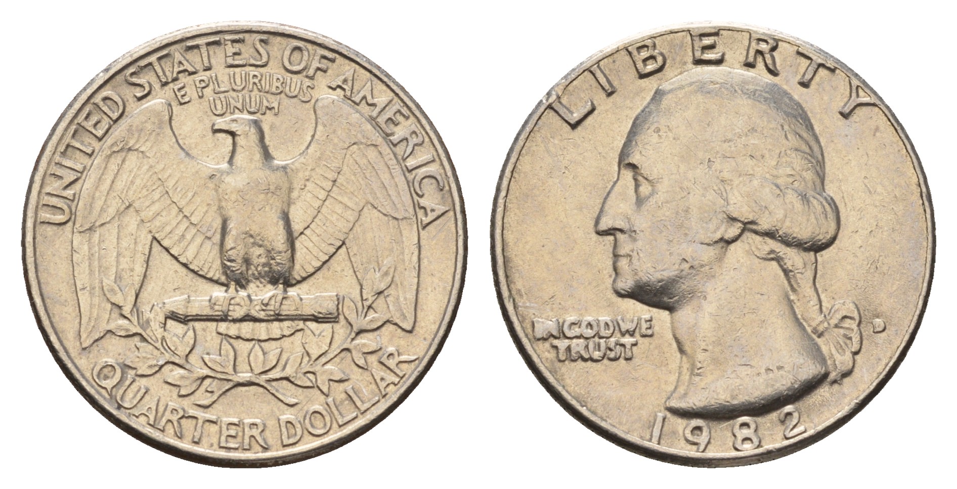 США 25 центов (квотер) 1982 D, Вашингтон KM A164a медь плакированная медно-никелем 4681-447