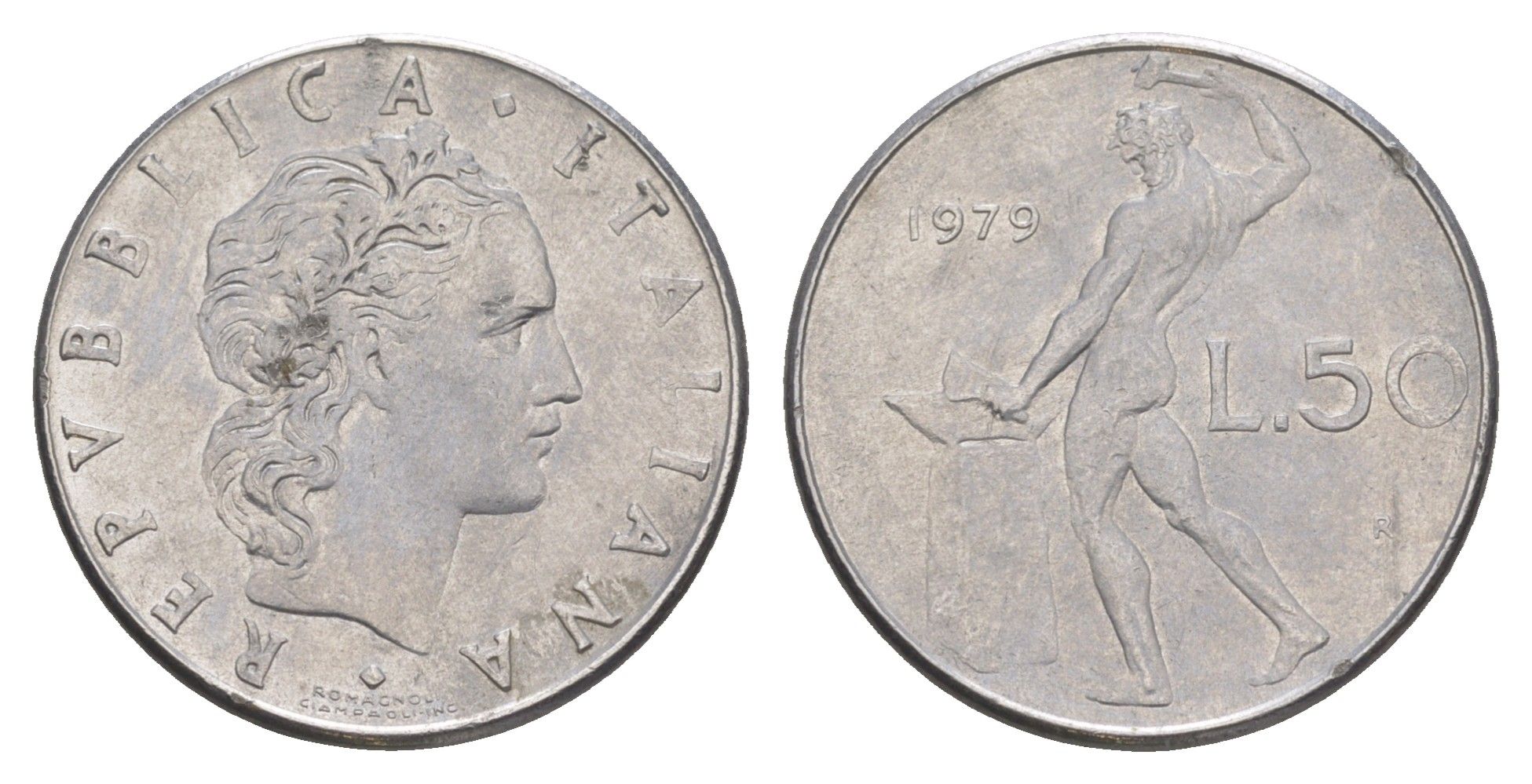 Италия 50 лир 1979 R, бог огня Вулкан у наковальни KM 95.1 нержавеющая сталь 4551-1113