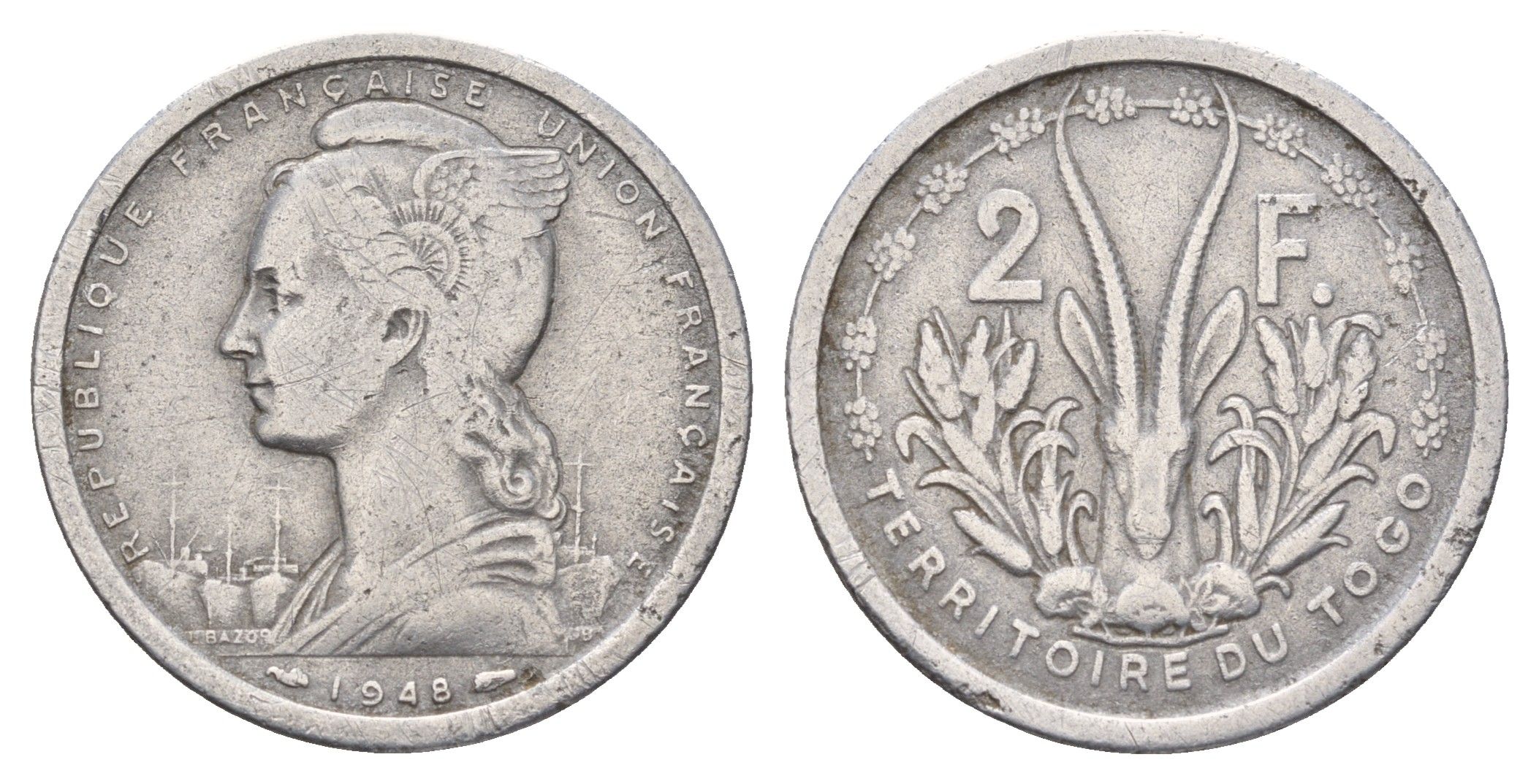 Того 2 франка 1948 год-тип KM 5 алюминий 4127-1832