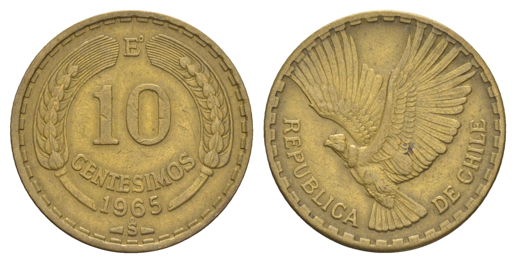 Чили 10 сентесимо 1969 KM 191 алюминиевая бронза 4656-1023