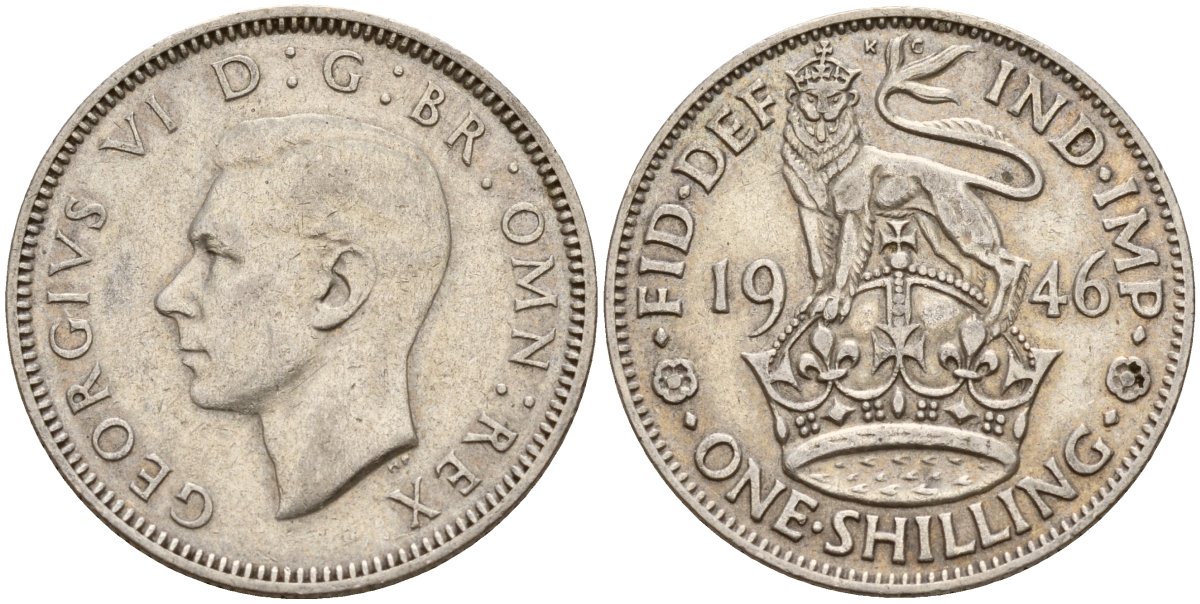 Великобритания 1 шиллинг 1946 Георг VI (1936-1952), Английский герб KM 863, Spink 4103 медно-никель 4177-522