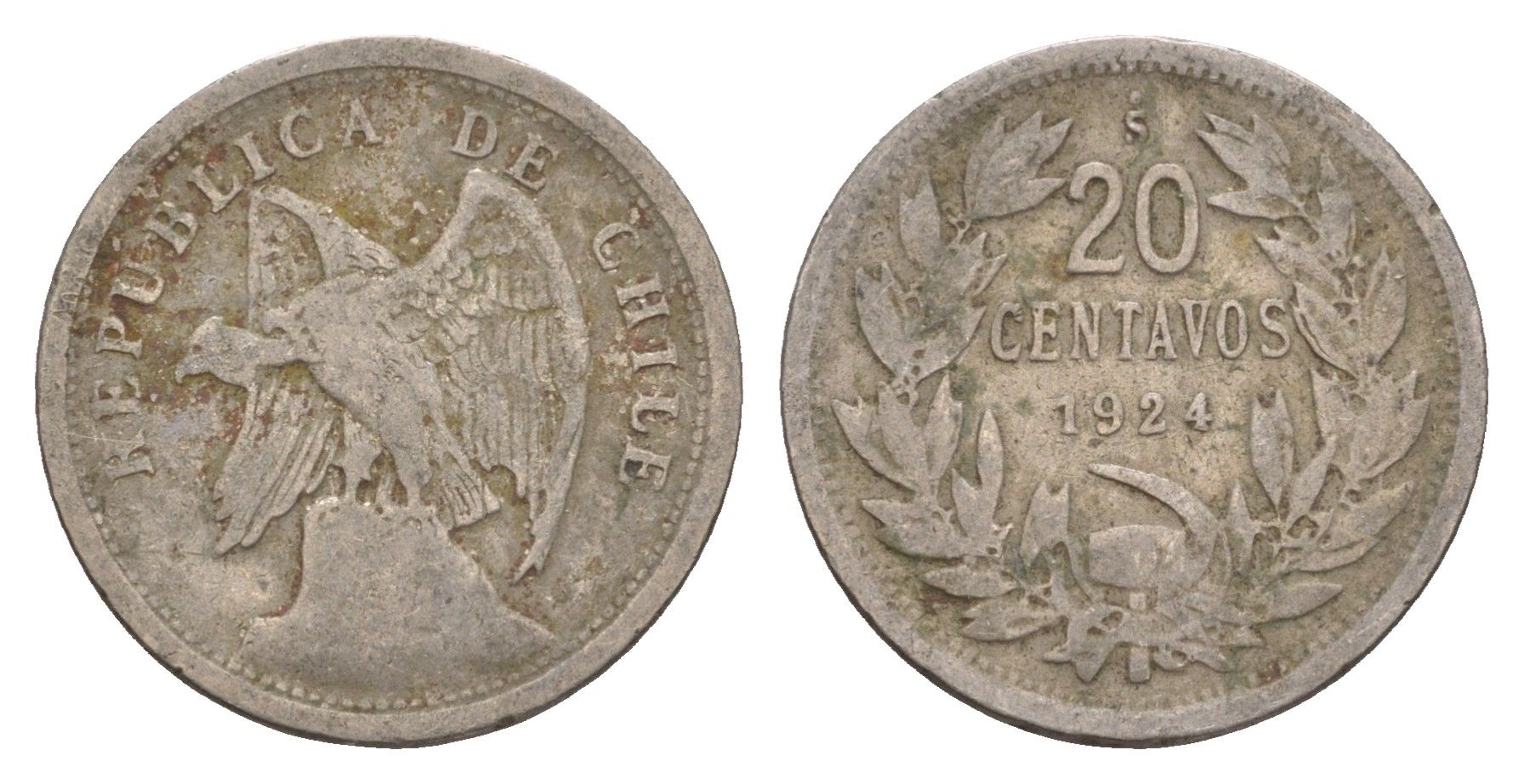 Чили 20 сентаво 1924 KM 167 медно-никель 4655-917