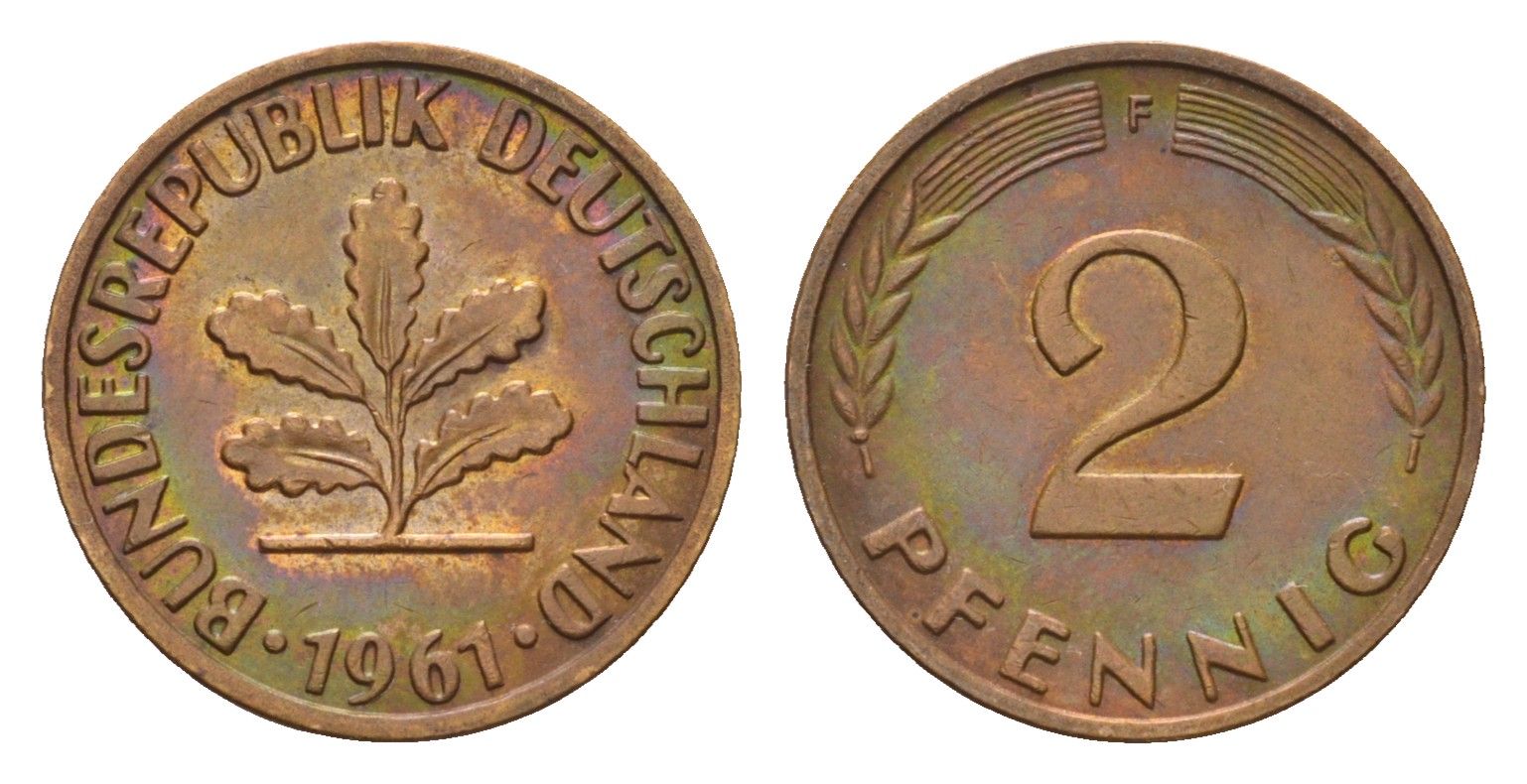 ФРГ 2 пфеннига 1961 F KM 106, J. 381 бронза 4576-332