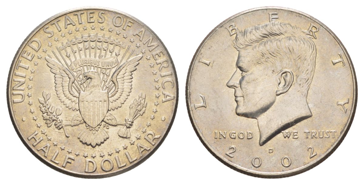 США 1/2 доллара (50 центов) 2002 D, Джон Кеннеди KM A202b медь плакированная медно-никелем aUNC 4517-411