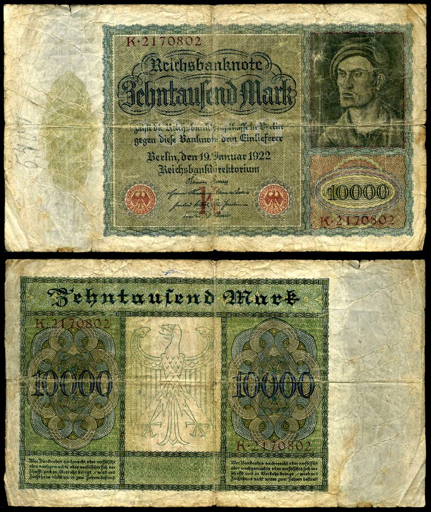 Германия 10000 марок 1922 19 января 1922, буква К, серия К Pick 70, Розенберг 68а бумага 8607-21-1-2