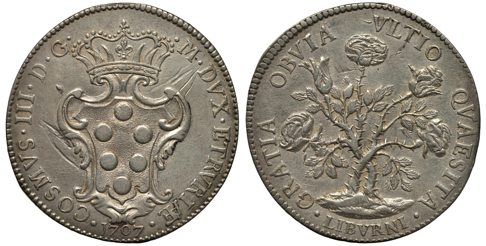 Флоренция, Тоскана 1 пиастр 1707 Козимо III Медичи, розовый куст Dav. 1501 серебро 10-005-28