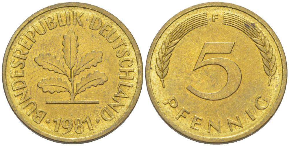 ФРГ 5 ПФЕННИГОВ 1981 F KM 107, J. 382 сталь плакированная латунью 4181-1012
