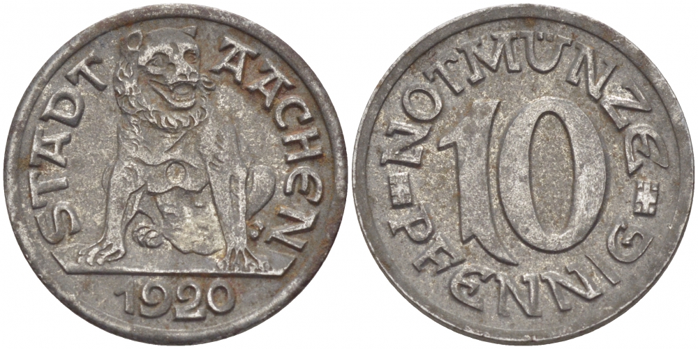 Германия, Ахен 10 пфеннигов 1920 нотгельд, земля Северный Рейн-Вестфалия Funck 1.1 железо 3856-1024