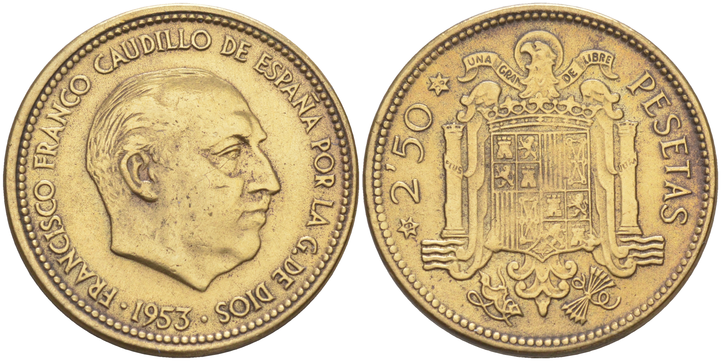 Испания 2,5 песеты 1953 (56) Франциско Франко (1939-1975) KM 785 алюминиевая бронза 4610-621