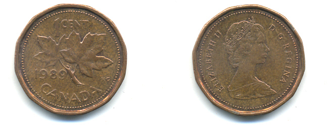 Канада 1 цент 1989 Елизавета II (1952-2022), кленовый лист KM 132 бронза 177-1426