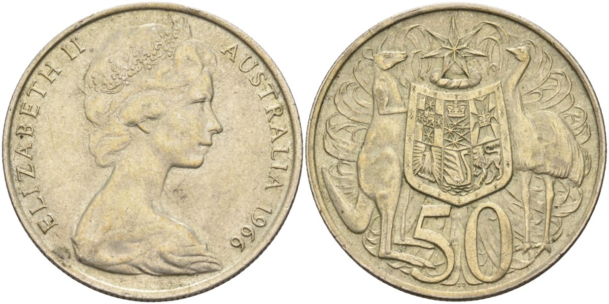 Австралия 50 центов 1966 Елизавета II (1952-2022), герб Австралии, кенгуру KM 67 серебро 4131-643