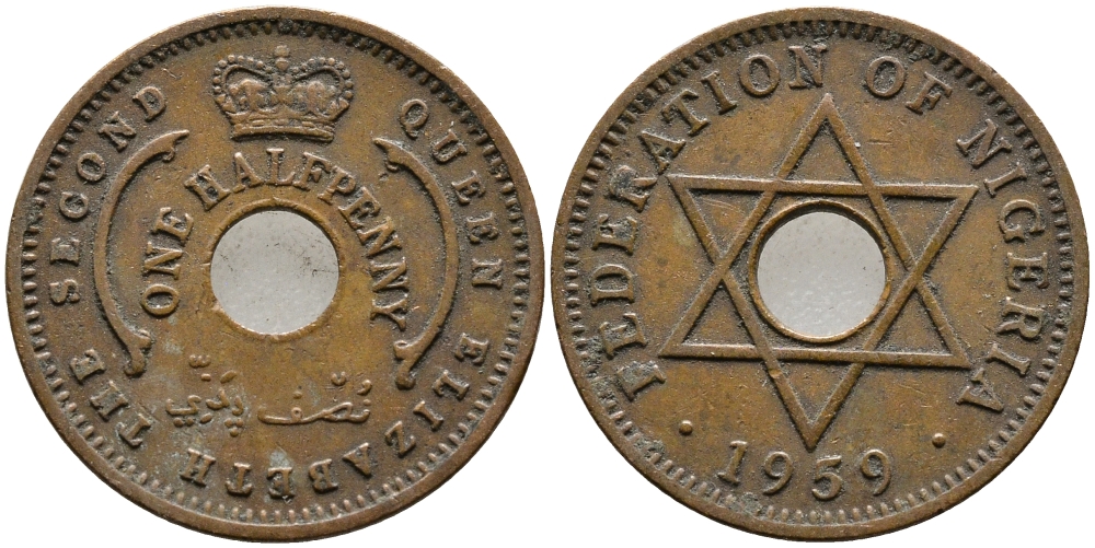Нигерия 1/2 пенни 1959 Елизавета II (1952-), Британский протекторат KM 1 бронза 4387-338