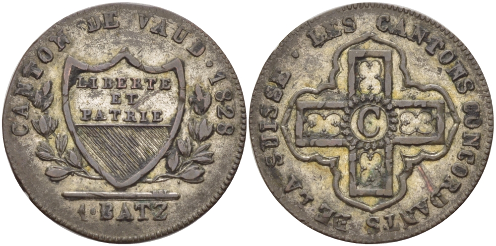 ШВЕЙЦАРИЯ, ВОД 1 БАТЦЕН 1828 VAUD KM 20 серебро 31-1032