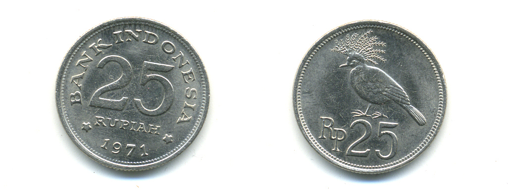 Индонезия 25 рупий 1971 венценосный голубь KM 34 медно-никель 76-852