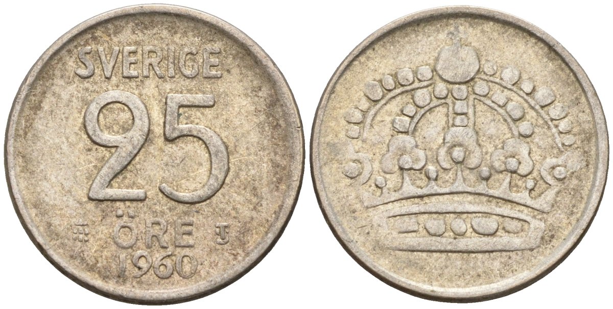 Швеция 25 эре 1960 TS, Густав VI Адольф (1950-1973) KM 824 серебро 4147-1111