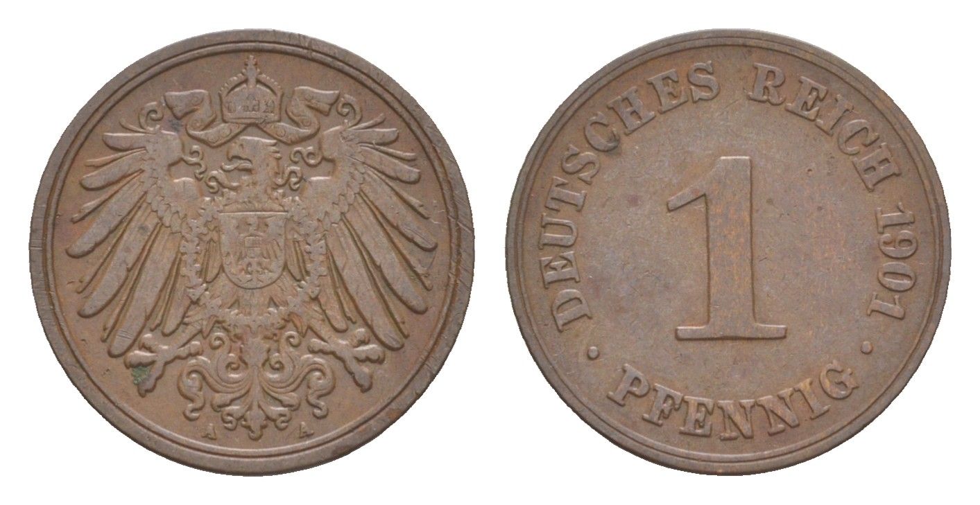Германия 1 пфенниг 1901 A, Вильгельм II (1888-1918) KM 10, J. 10 медь 4647-834