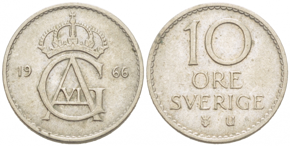 Швеция 10 эре 1966 U Густав VI Адольф (1950-1973) KM 835 медно-никель 3955-324