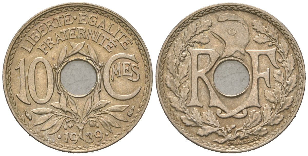 Франция 10 сантимов 1939 KM 889.1, Le Franc 139/3 никель-бронза UNC 4584-645