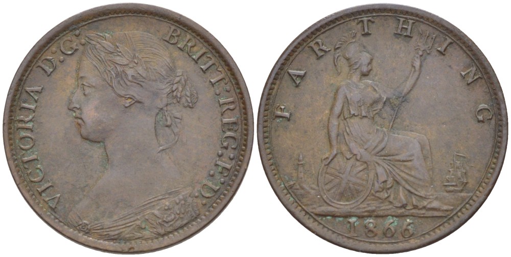Великобритания 1 фартинг 1866 Виктория (1837-1901) KM 747.2, Spink 3958 бронза 4543-844