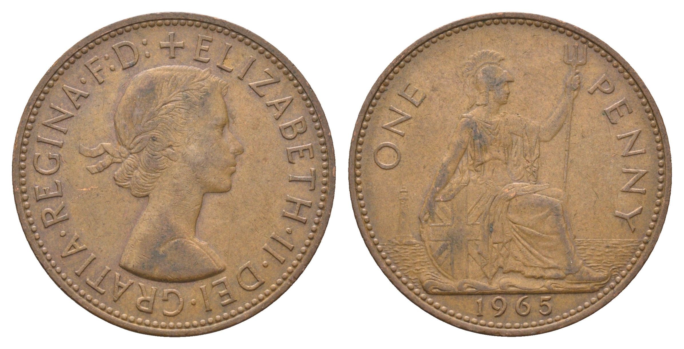 Великобритания 1 пенни 1965 Елизавета II (1952-2022) KM 897, Spink 4157 бронза 4661-923