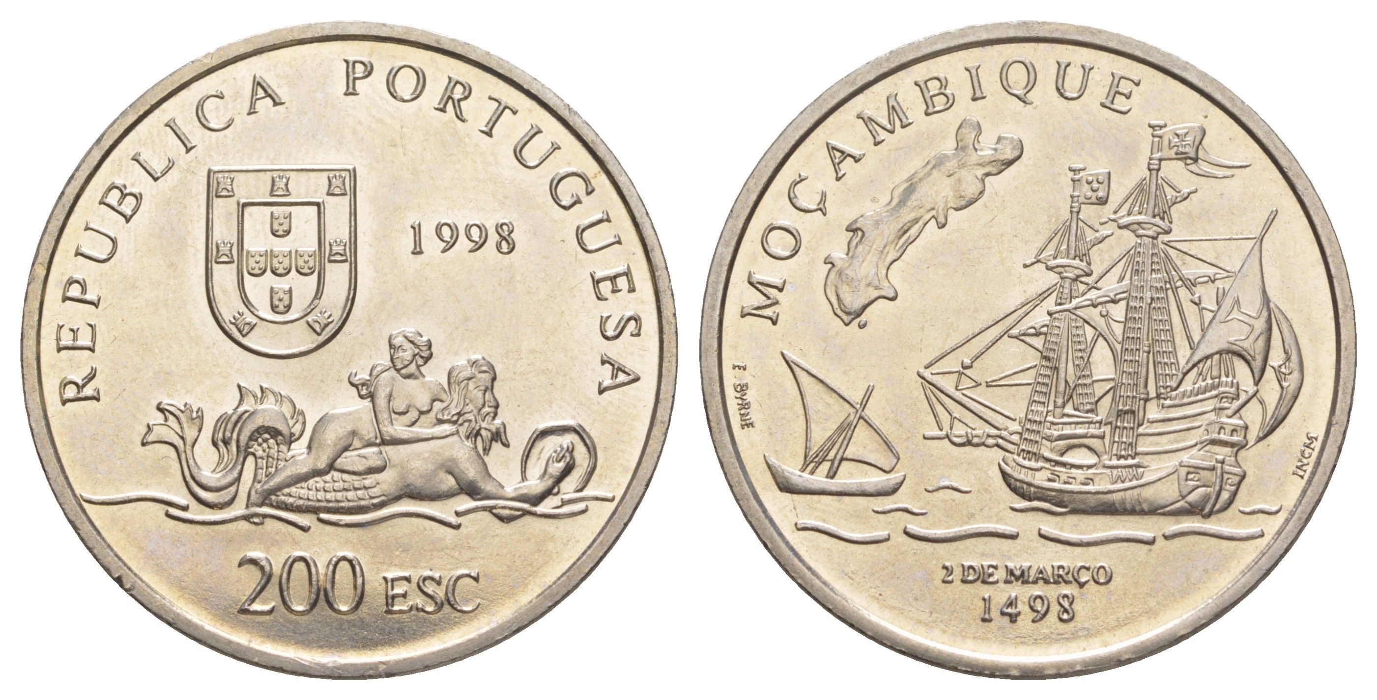 Португалия 200 эскудо 1998 Путешествие Васко да Гамы в Индию 1498 года - Мозамбик KM 711 медно-никель UNC 4677-423