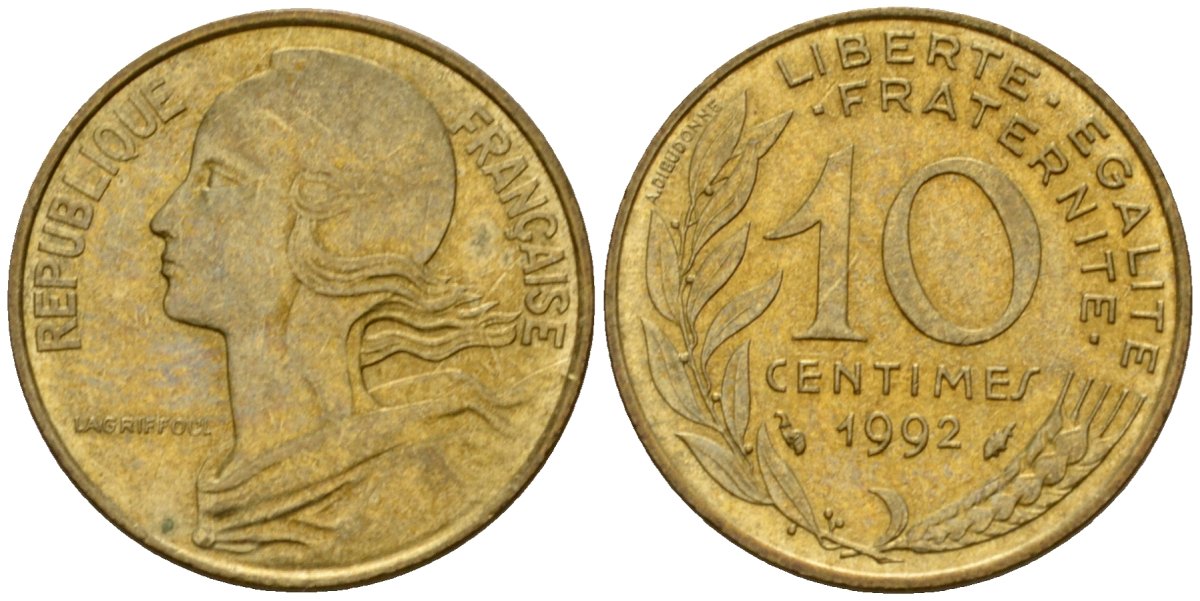 Франция 10 сантимов 1992 тип Marianne KM 929 алюминиевая бронза 4390-646