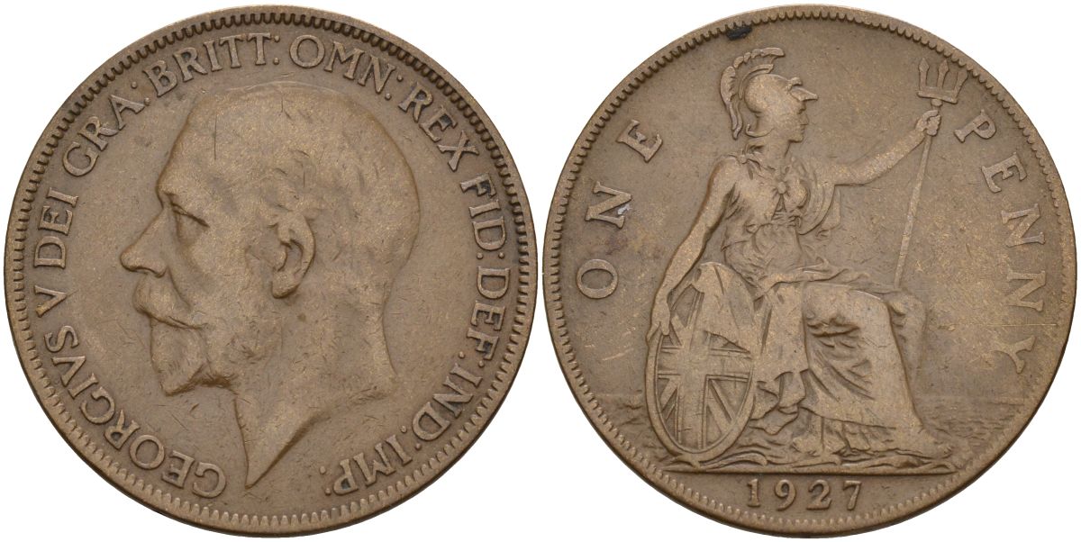 Великобритания 1 пенни 1927 Георг V (1910 - 1936) KM 826, Spink 4054 бронза 4149-726