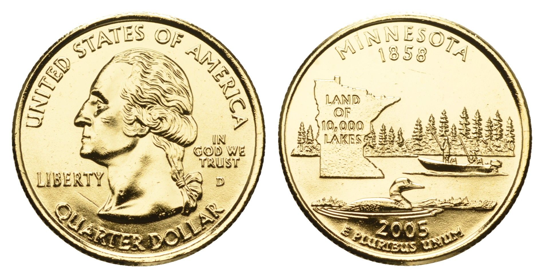 США 1/4 доллара (25 центов) 2005 Квотер штата Миннесота KM 371 медь плакированная золотом UNC 11-265-37