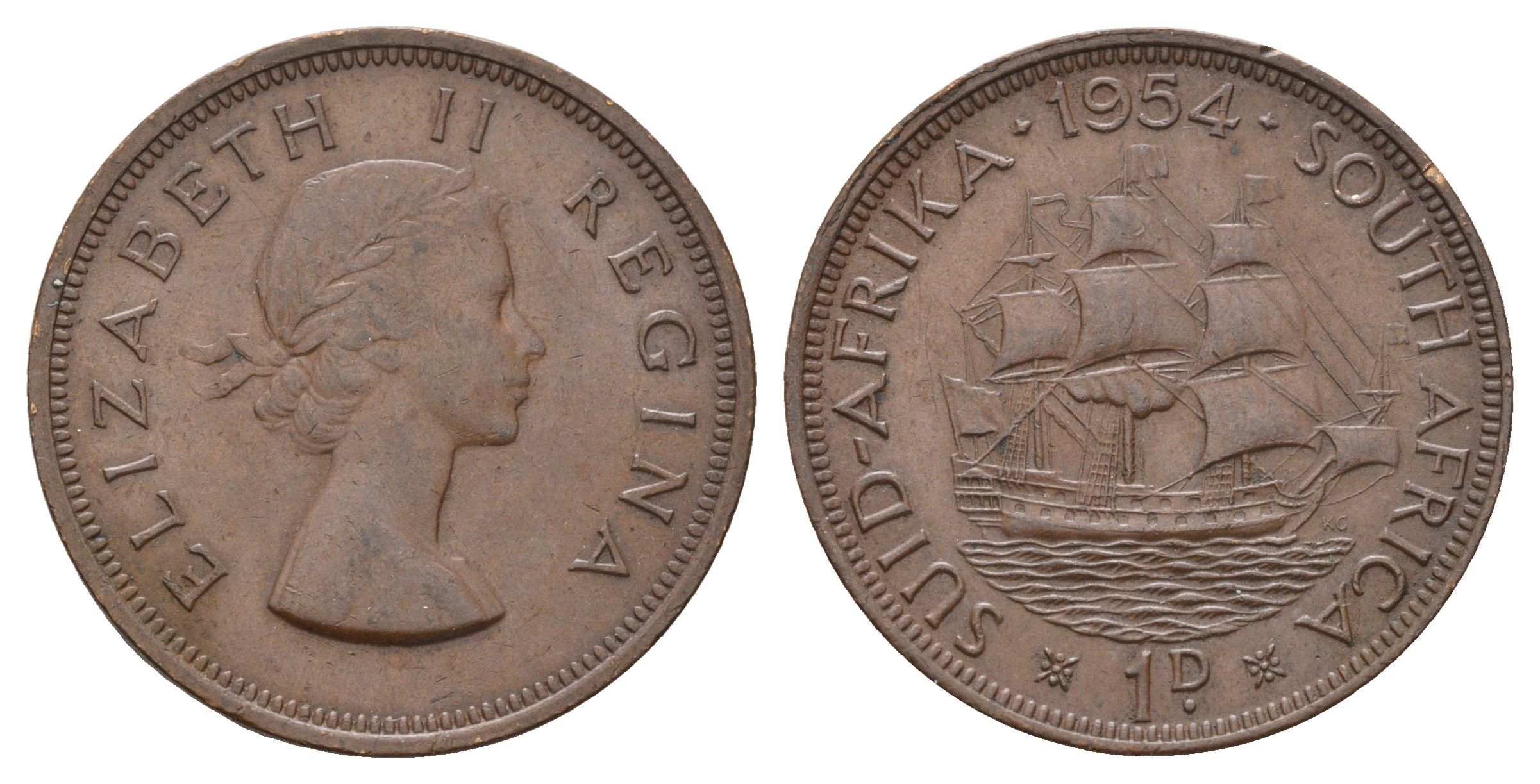ЮАР 1 пенни 1954 Елизавета II (1952-2022), парусник KM 46 бронза 4526-926