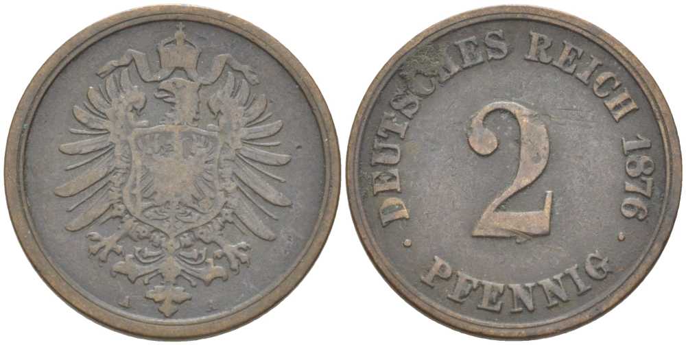 ГЕРМАНИЯ 2 ПФЕННИГА 1876 A, СТАРОГЕРБОВКА KM 2, J. 2, Weege 3 медь 212-632