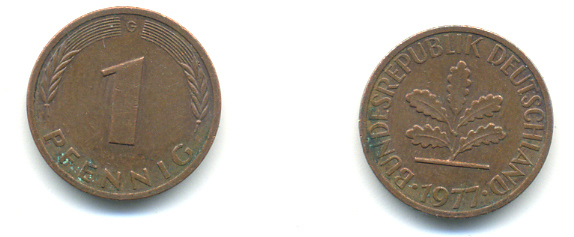 ФРГ 1 ПФЕННИГ 1977 G KM 105, J.380 сталь плакированная медью 176-657