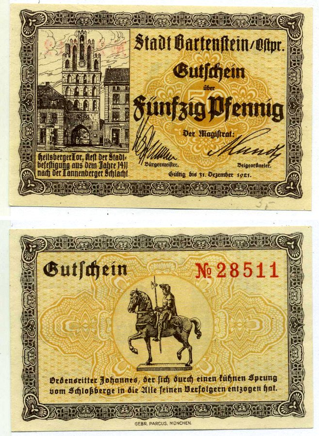 Бартенштейн 50 пфеннигов 1921 31 декабря 1921, нотгельд, земля Восточная Пруссия Grabowski B9.2 бумага 2195-53-2-1