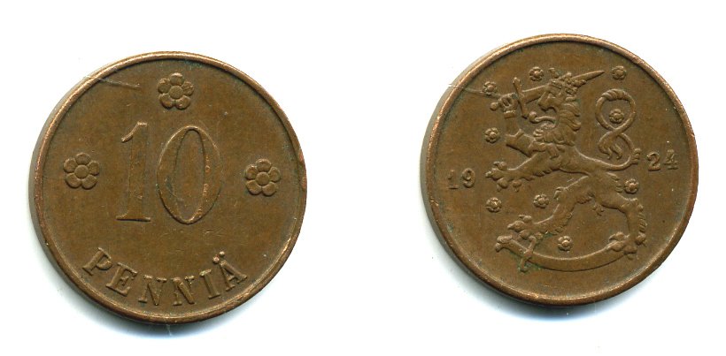 Финляндия 10 пенни 1924 республика (1918-1962) KM 24 медь 46-2031