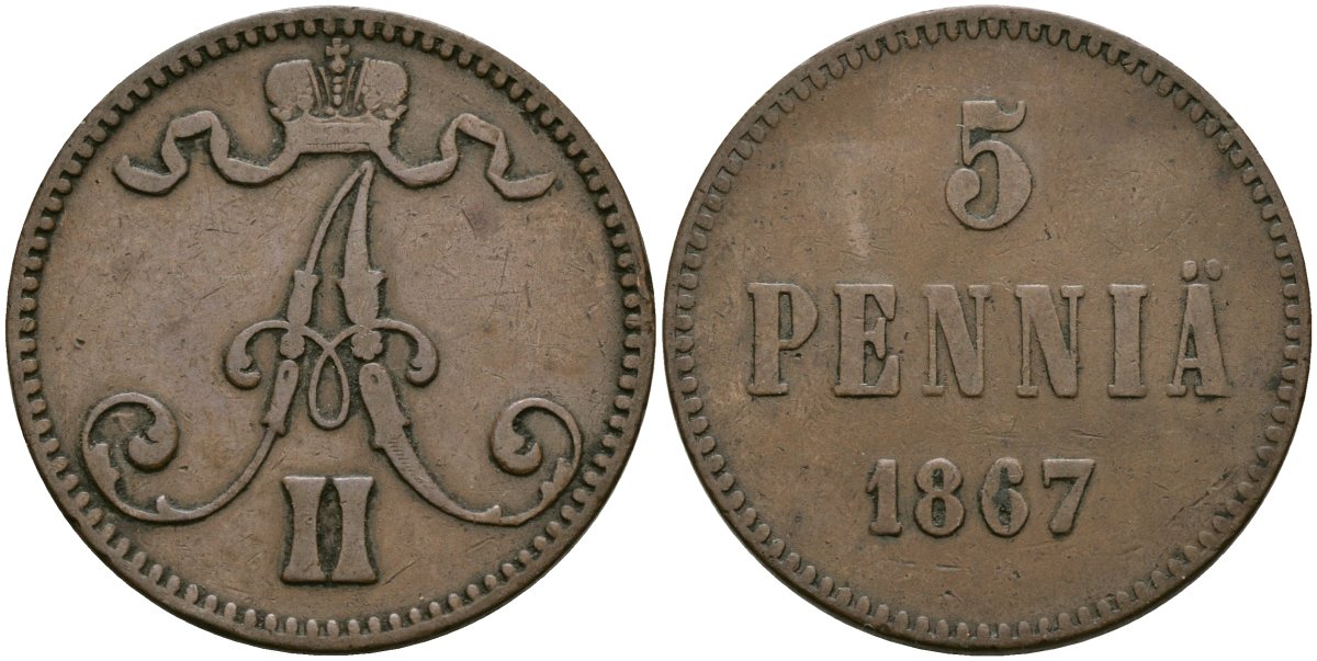 Россия для Финляндии 5 пенни 1867 Александр II (1856-1881) КМ 4.1, Биткин 659 медь 4582-1234